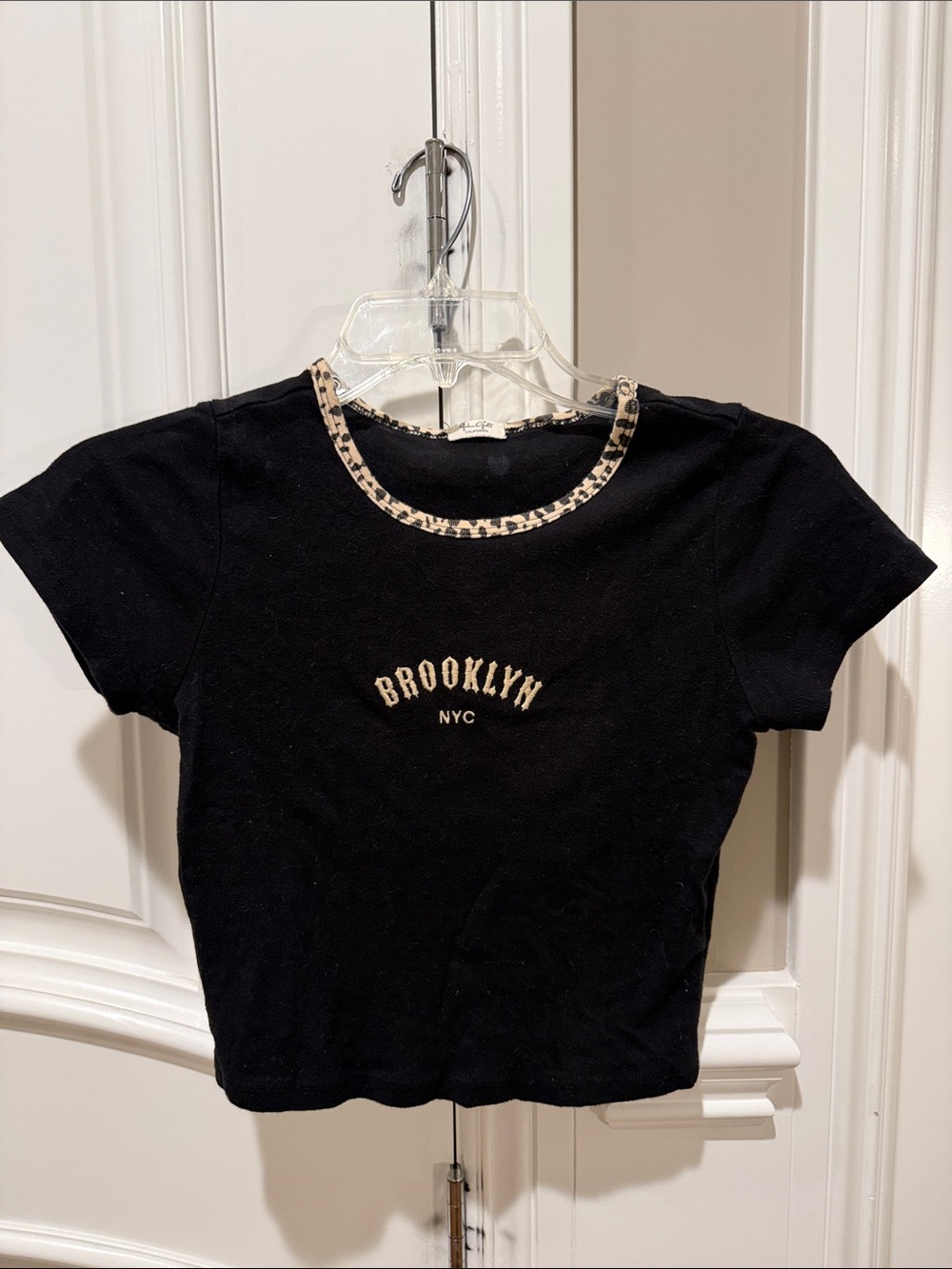 Brooklyn NYC Black Tee with Leopard Trim